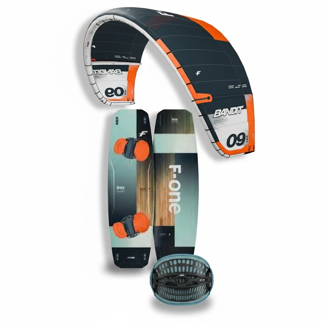 A complete set of Duotone kitesurfing rental equipment laid out on the beach in Dakhla, ready for a session.