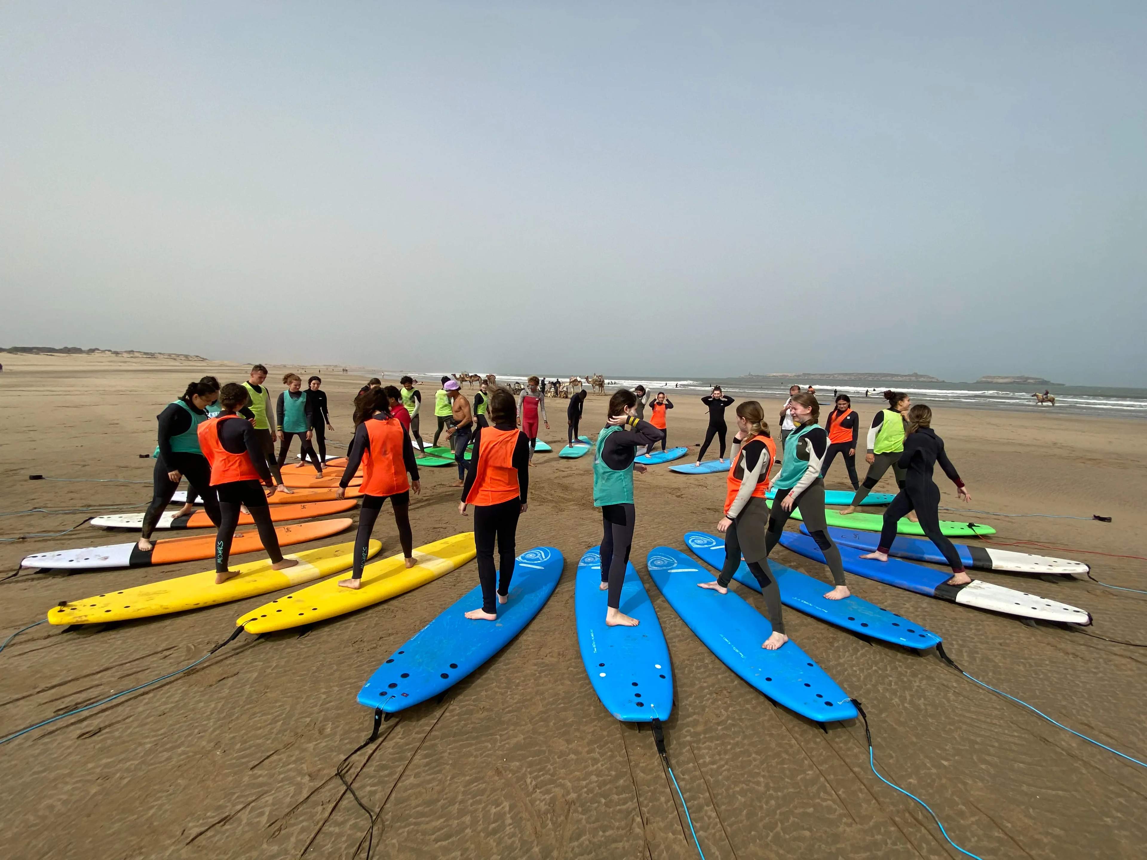 A group of diverse people laughing and bonding during a Bluboarding watersports camp in Dakhla.